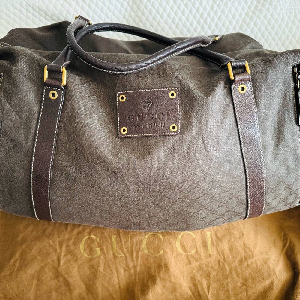 Gucci Brown Leather Duffel Bag with Gold Accents
